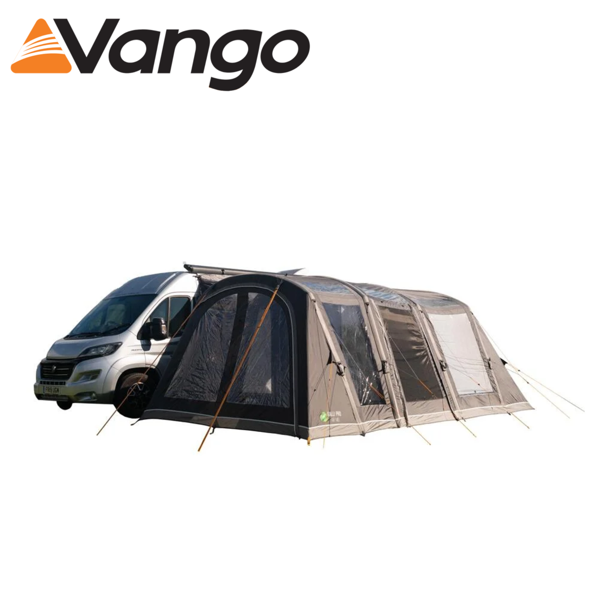 Vango Galli Air Pro Mid Driveaway Awning set up beside a campervan, showcasing its spacious design and durable fabric.