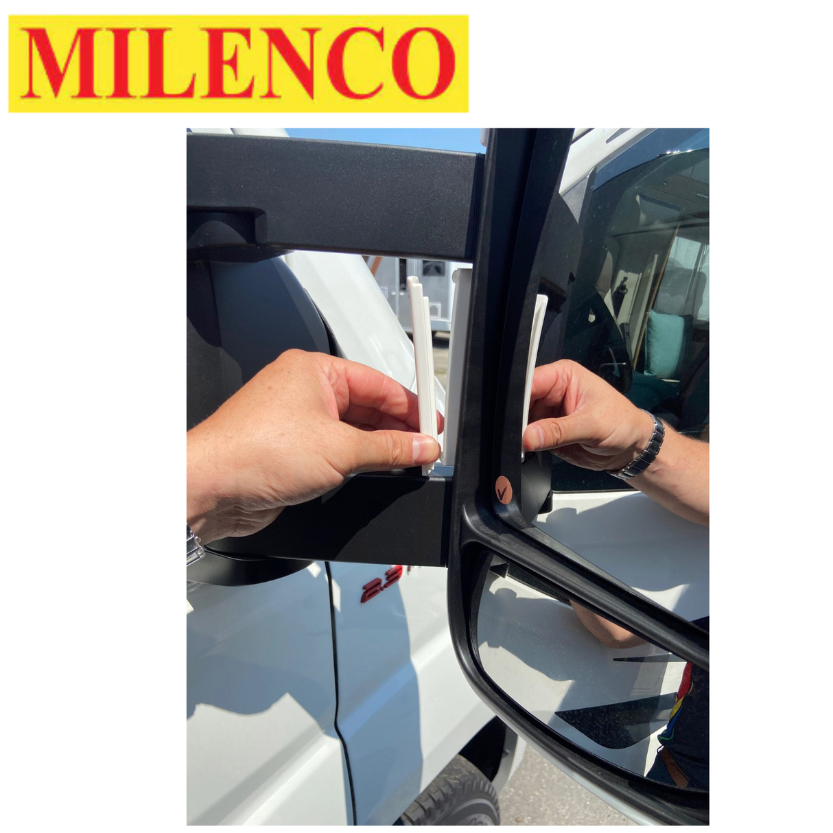 Milenco short arm mirror protector for Fiat, Citroen, and Peugeot vehicles from 2007 onwards, showcasing a durable design.