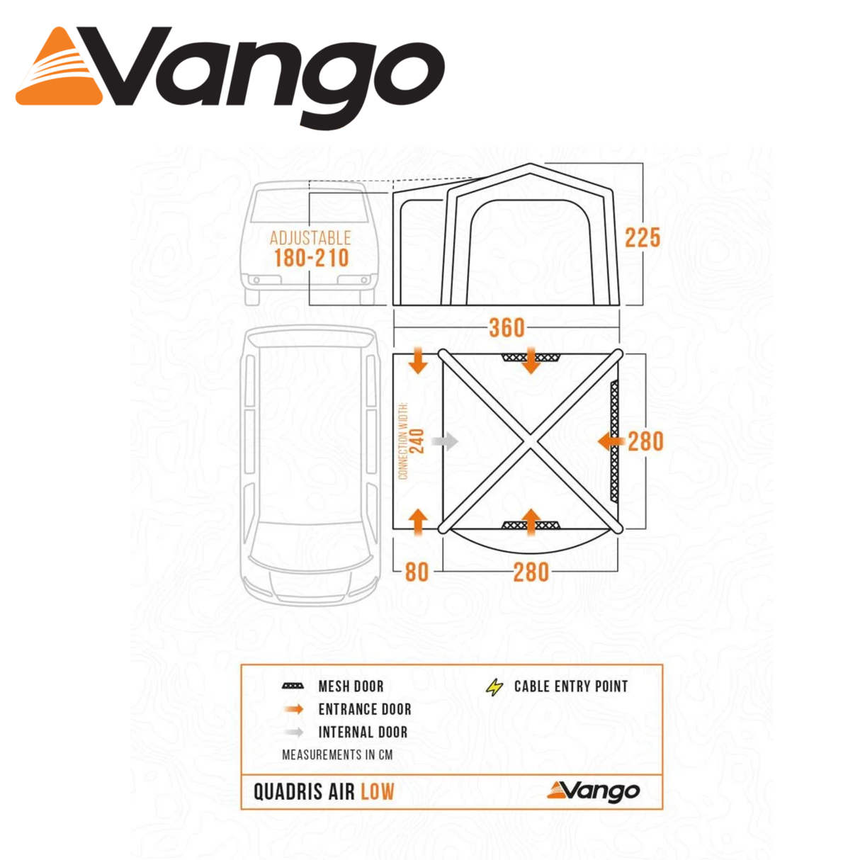 Vango Quadris Air Low Driveaway Awning set up beside a campervan, showcasing its spacious design and air beam structure.