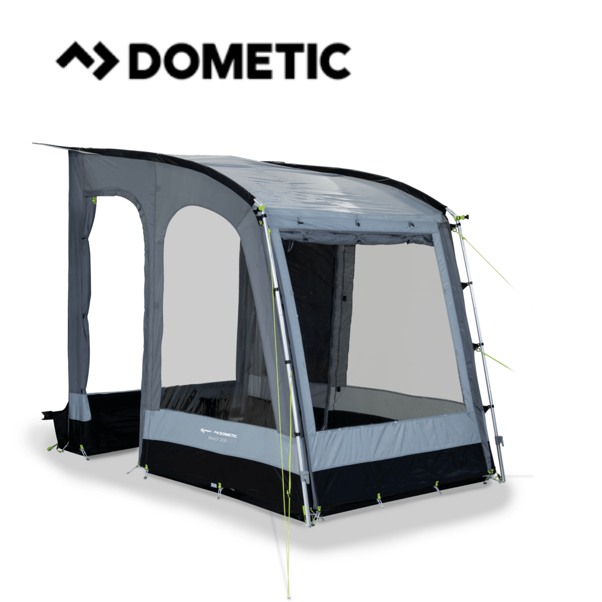 Dometic Rally poled awning set up outdoors, showcasing its spacious design and sturdy pole structure against a clear sky.