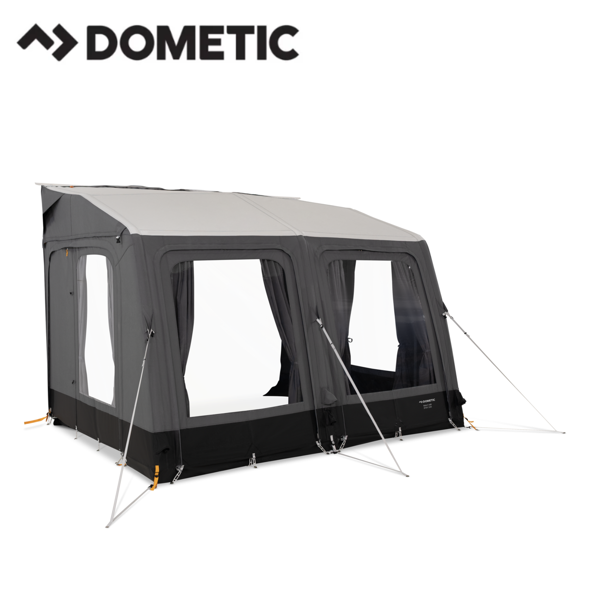 Dometic Rally Air Stay 260s awning attached to a camper van, showcasing its fabric and air frame setup for outdoor shade.