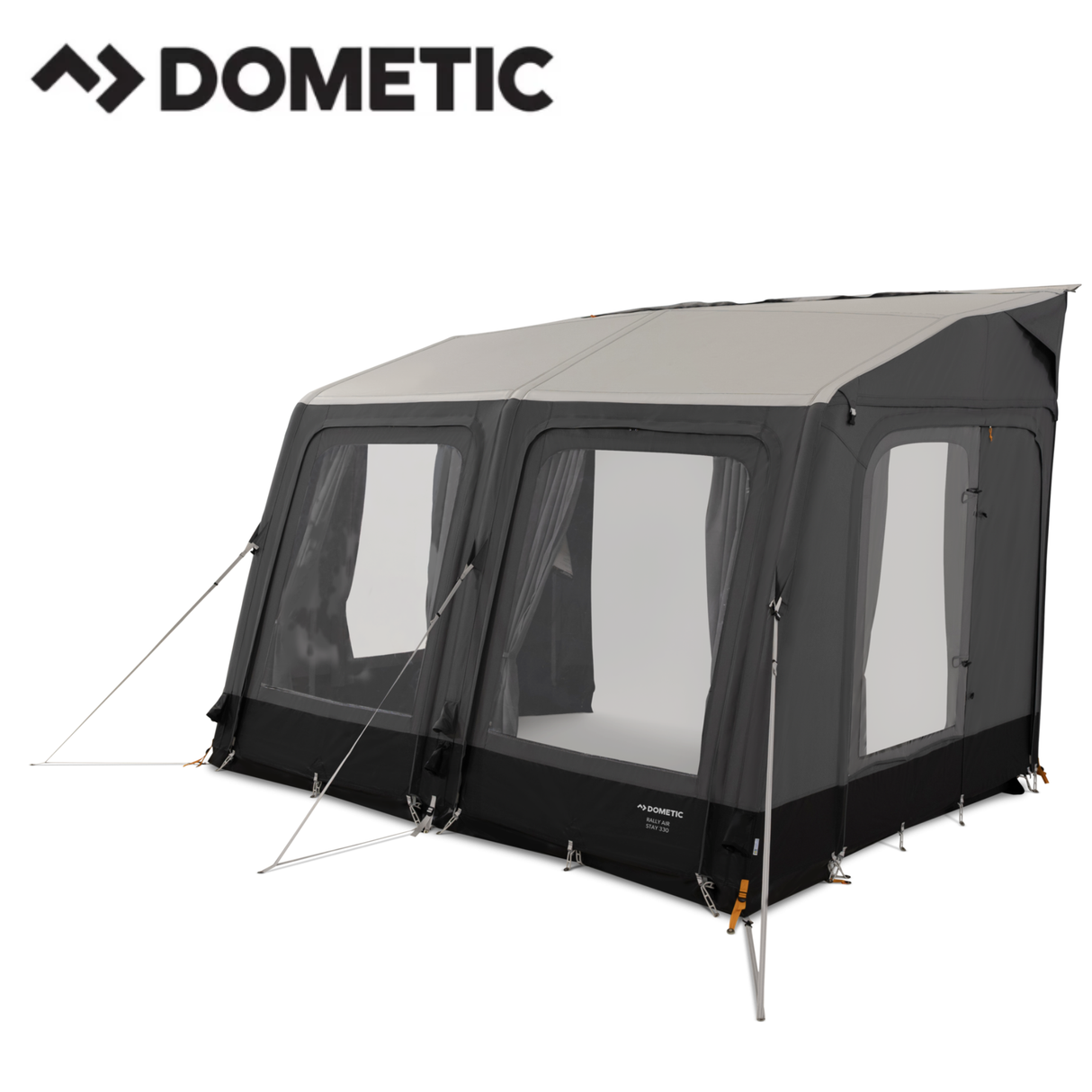 Dometic Rally Air Stay 260s awning attached to a camper van, showcasing its fabric and support structure for outdoor camping.