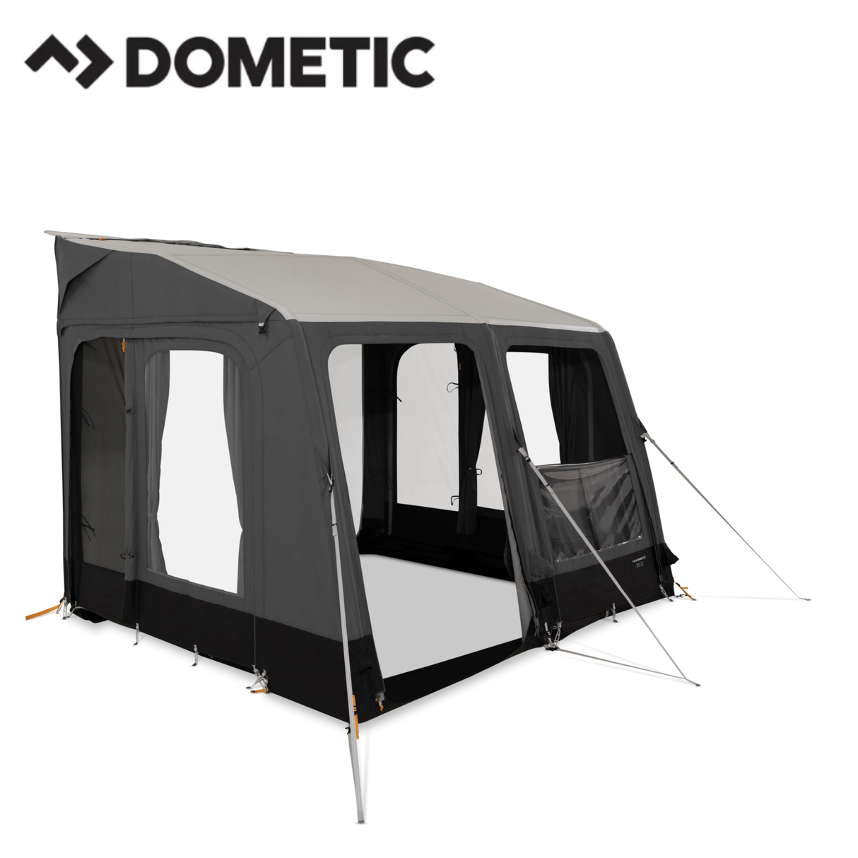 Dometic Rally Air Stay 260s awning installed on a camper, showcasing its spacious fabric canopy and air frame support system.