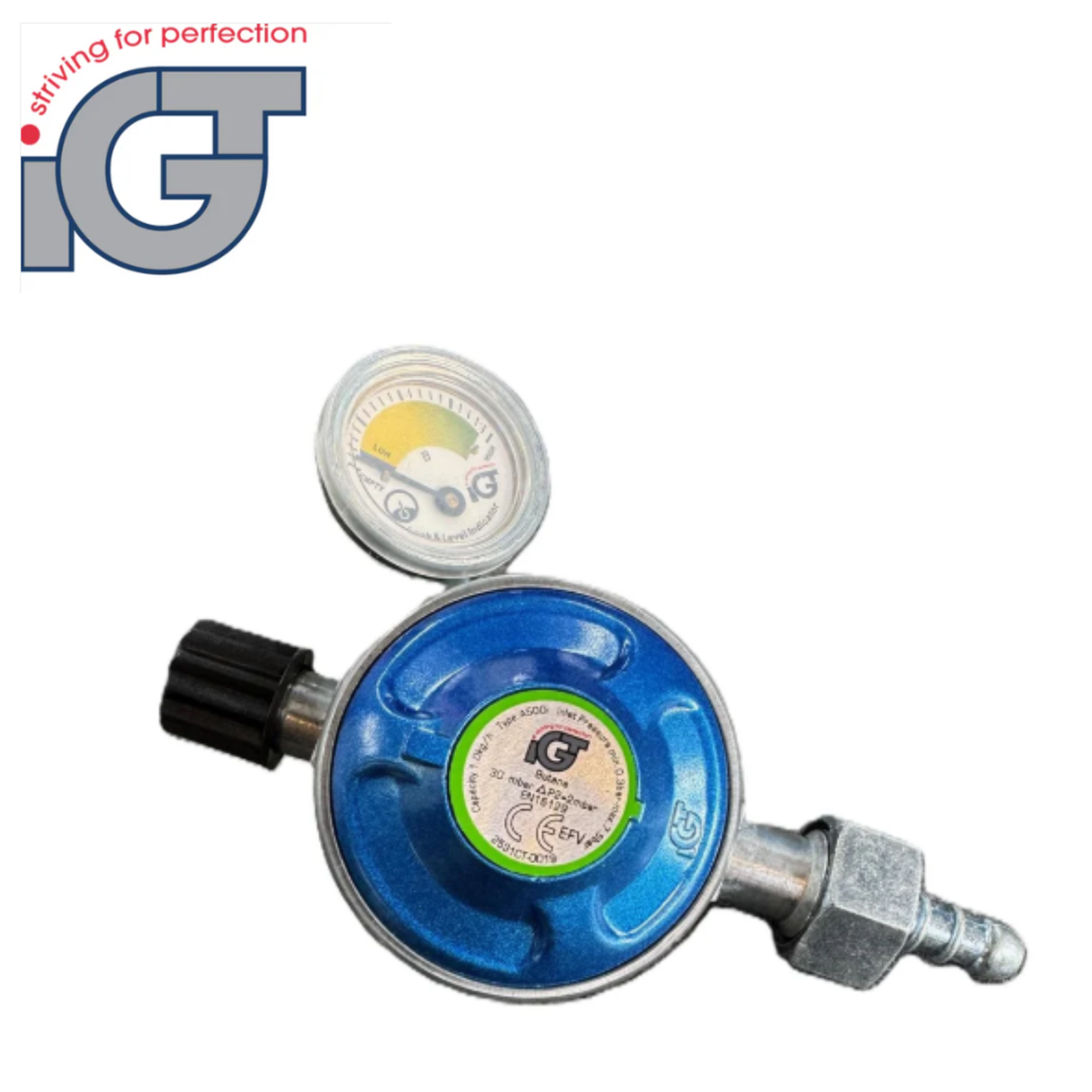 IGT butane regulator with gauge for Campingaz 907, 904, and 901 gas cylinders, showing pressure dial and connection fittings.