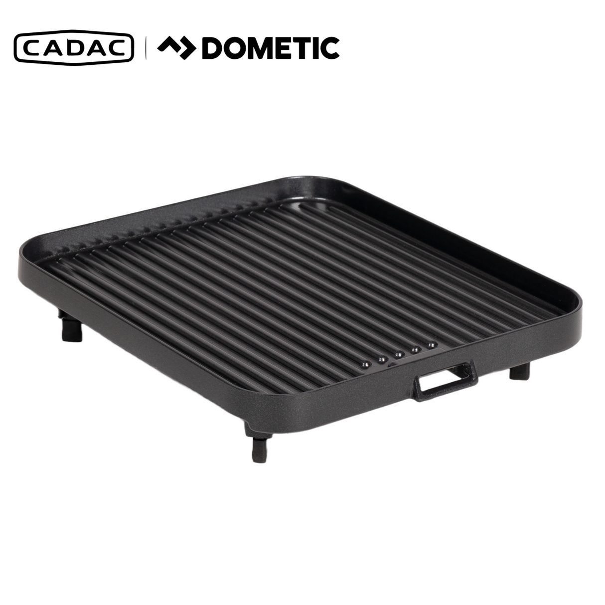 Cadac 2 Cook 3 Ribbed Grill Plate showcasing its ribbed cooking surface and sturdy design for grilling.