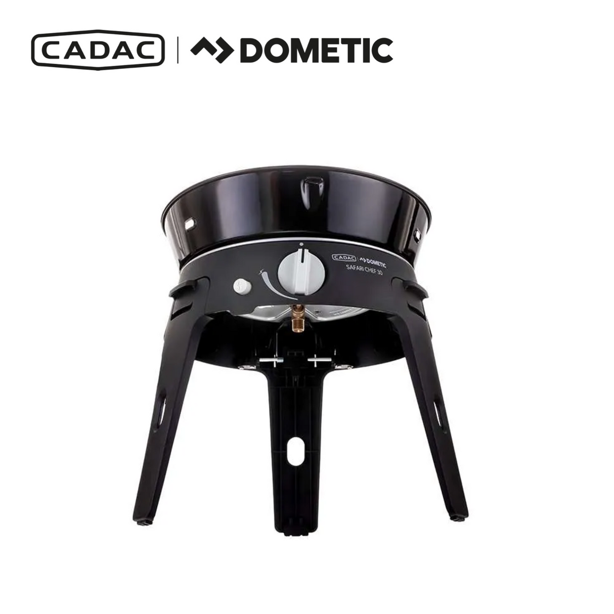 Cadac Dometic Safari Chef 30 LP Deluxe Pro gas BBQ with QR, showcasing a compact design and versatile cooking surfaces.