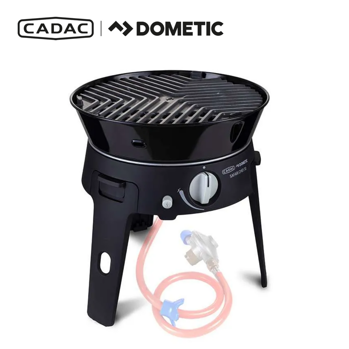 Cadac Dometic Safari Chef 30 LP Deluxe Pro Gas BBQ with a compact design and multiple cooking surfaces.
