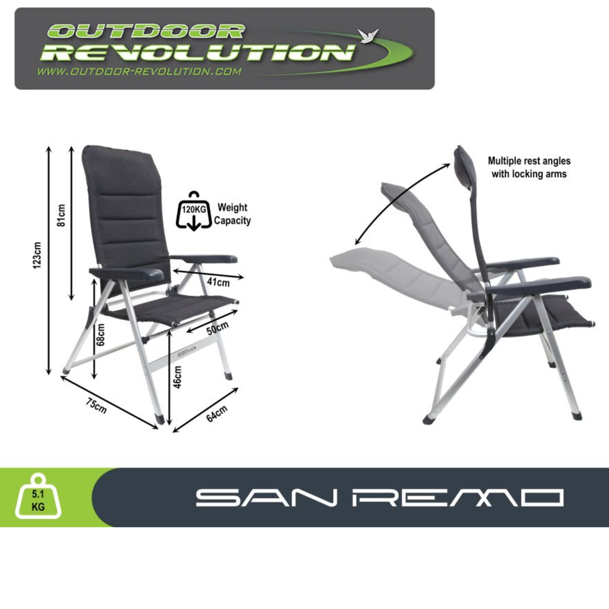 Outdoor Revolution San Remo highback reclining chair made with durable 600D polyester, designed for outdoor relaxation.