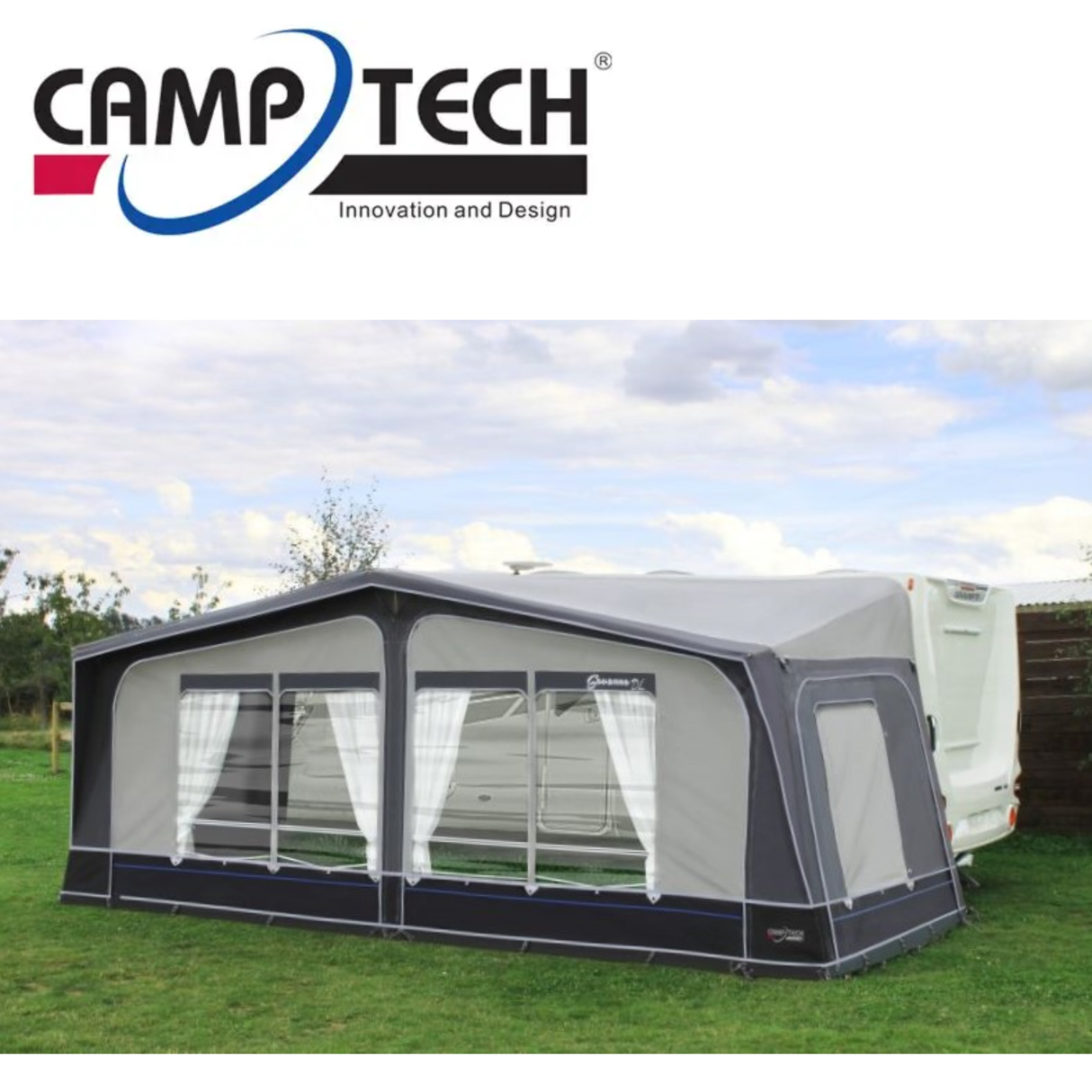 Camptech Savanna DL Full Awning attached to a camper, showcasing its fabric and structural design for outdoor camping and shade.