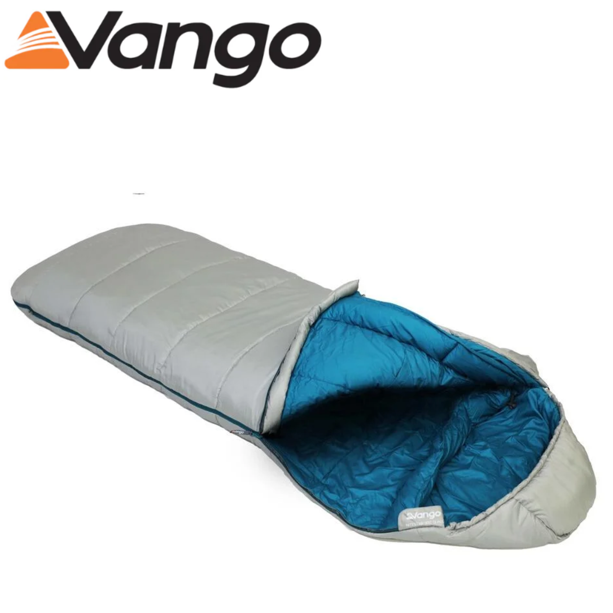 Vango NiteStar Alpha sleeping bag shown rolled out with insulated interior and adjustable hood for cold weather camping.