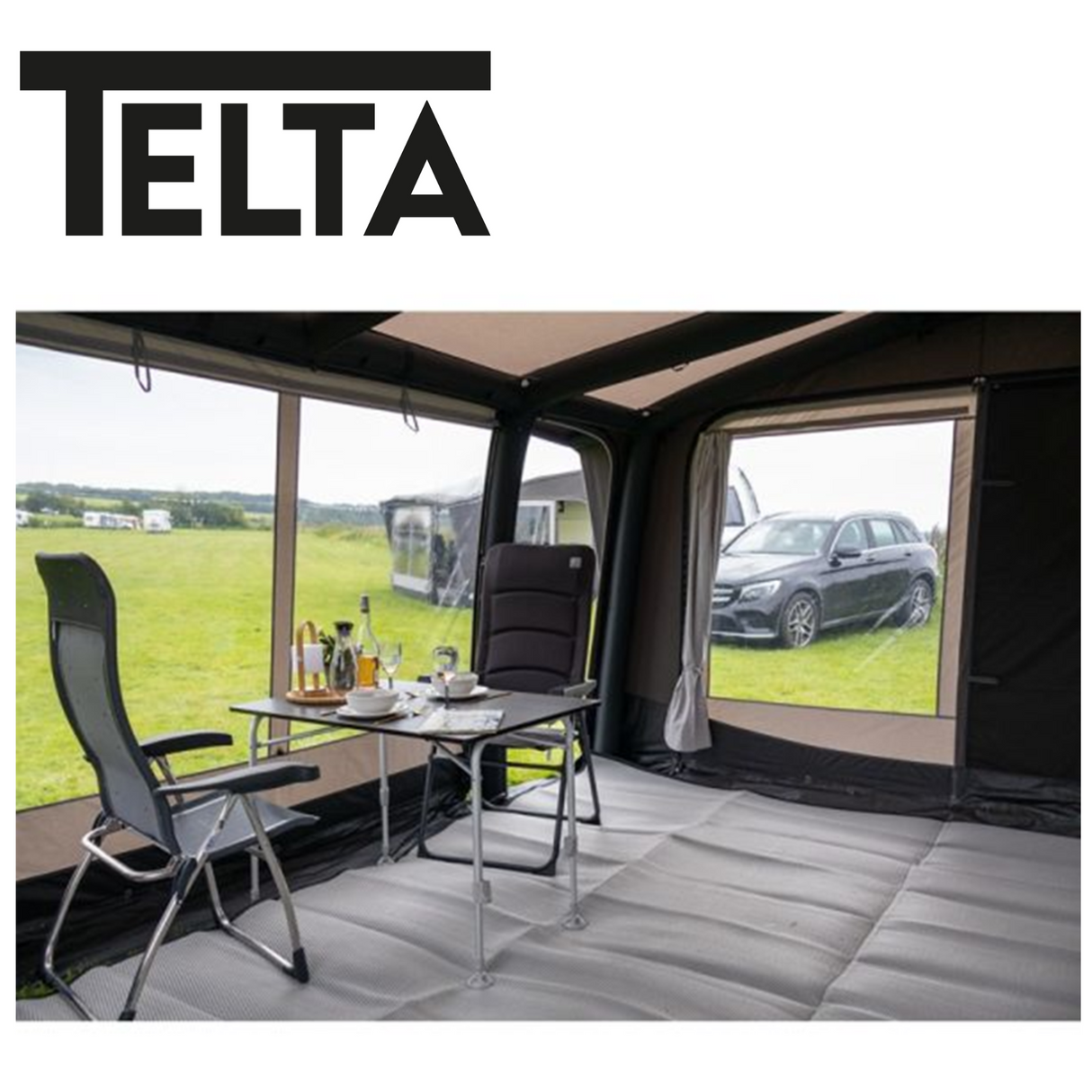 Telta Scenic 390 air awning showcasing a spacious design with a vibrant, weather-resistant fabric in an outdoor setting.