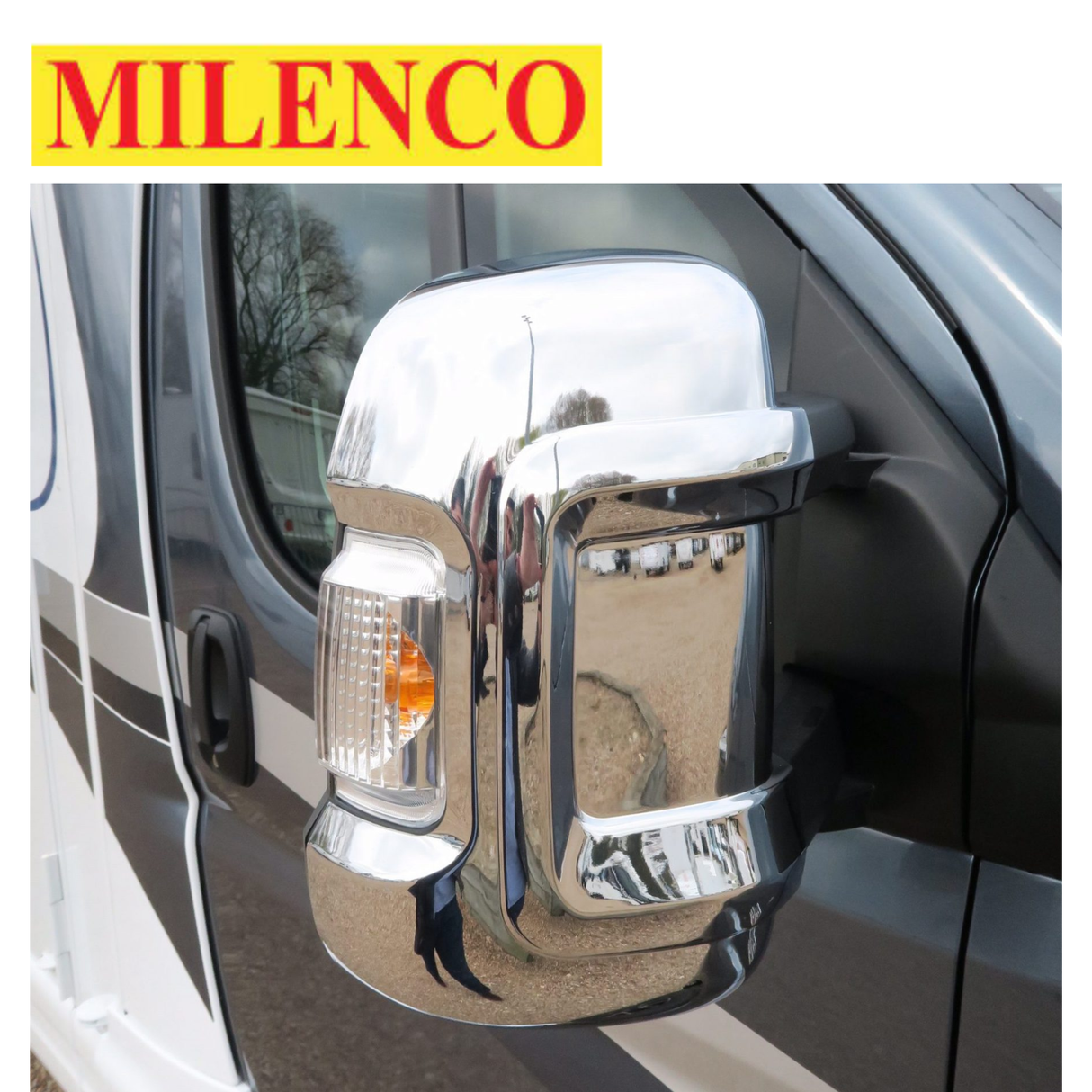 Milenco chrome mirror covers for short arm mirrors, showcasing sleek design and durable protection for vehicle mirrors.