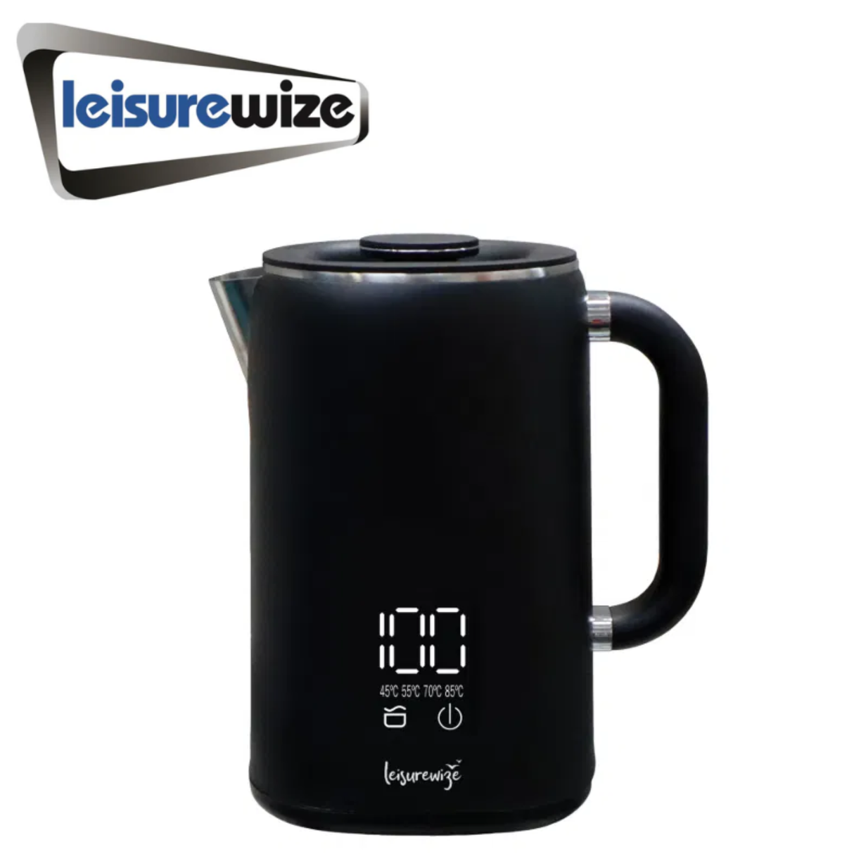 Leisurewize 1.7L black sleek kettle with modern design and smooth finish, perfect for boiling water efficiently.