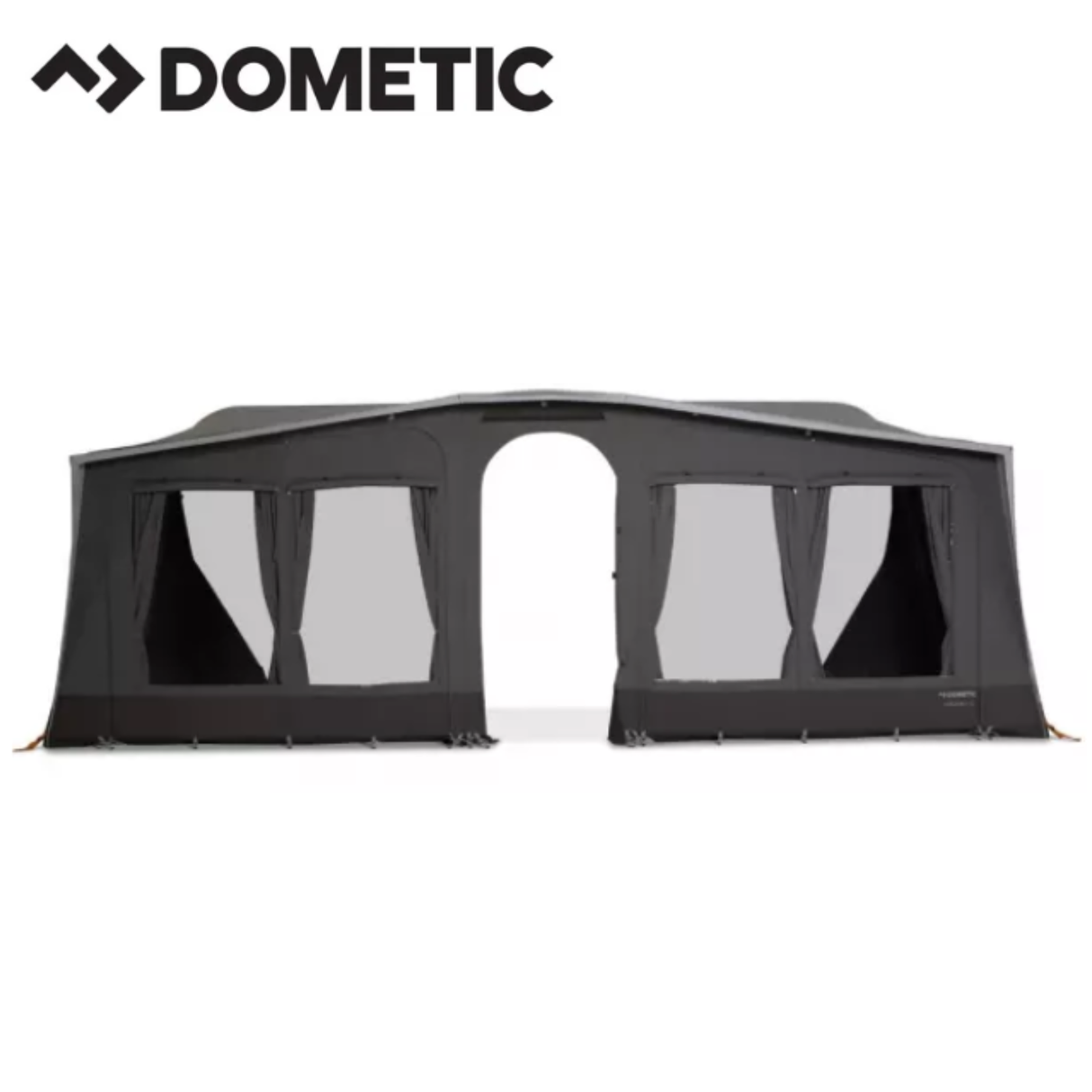 Dometic Stuga Rest Awning extending from a camper, providing shade and shelter with durable fabric and support poles.