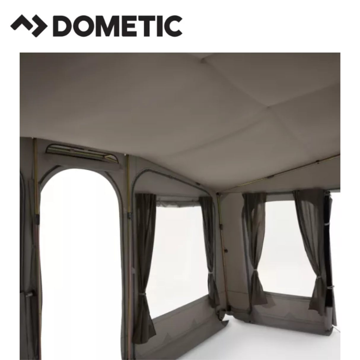 Dometic Stuga Rest Awning extended on a camper, providing shade and shelter with durable fabric and support poles.