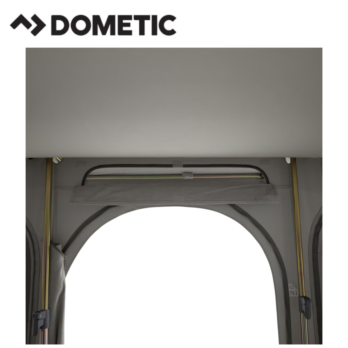 Dometic Stuga Rest Awning set up on a caravan, providing shade and shelter with durable fabric and sturdy support poles.