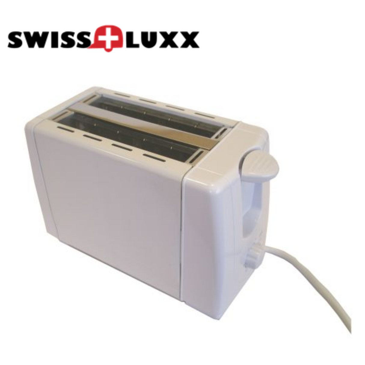 White Swiss Luxx 100Watt toaster with two slots, designed for even toasting and compact kitchen use.