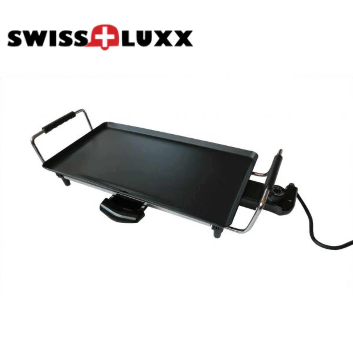 Swiss Luxx Large Tappanyaki XL 1800W with a sleek design and cooking surface, showcasing an appetizing grilled meal.