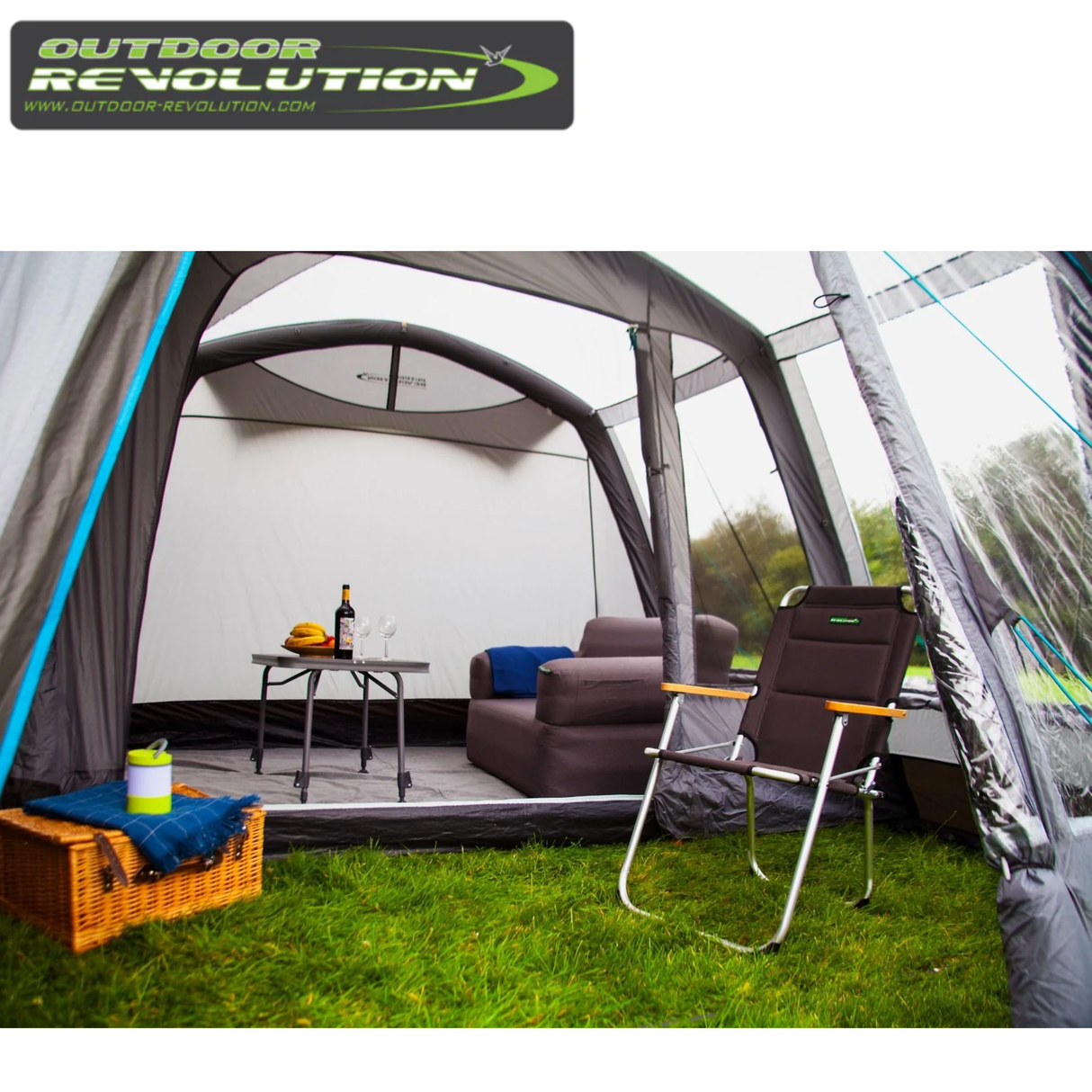 Outdoor Revolution Cayman Air T3 Mid driveaway awning with footprint, shown set up outdoors with fabric and structural details.