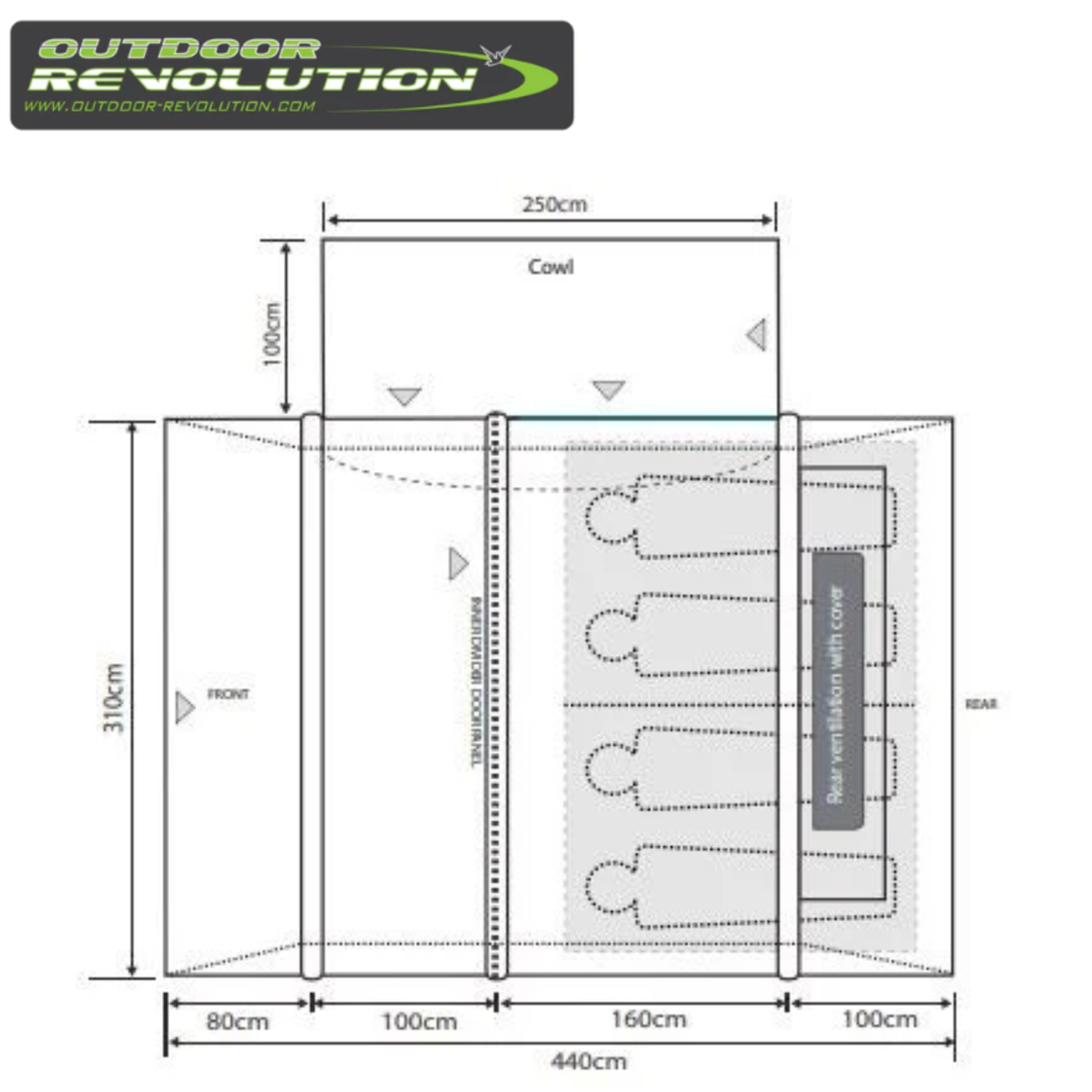 Outdoor Revolution Cayman Air T3 Mid driveaway awning with attached footprint, featuring spacious design and durable fabric for outdoor camping.