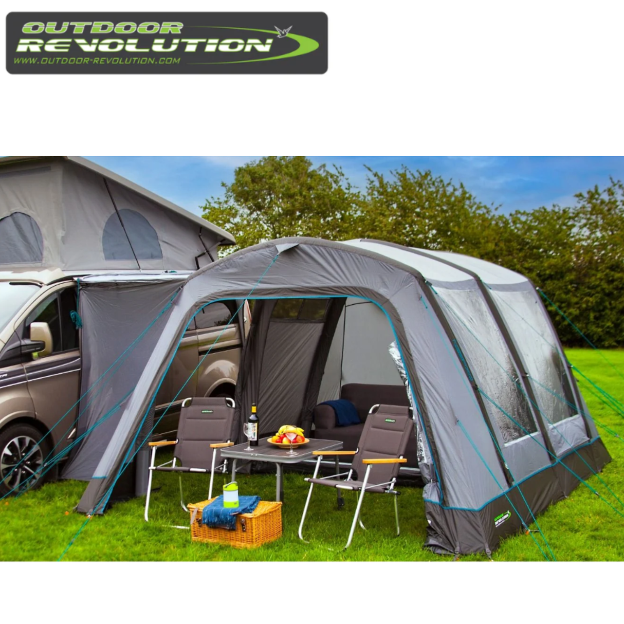 Outdoor Revolution Cayman Air T3 Mid driveaway awning with footprint, showing the spacious fabric and air frame setup for camping.