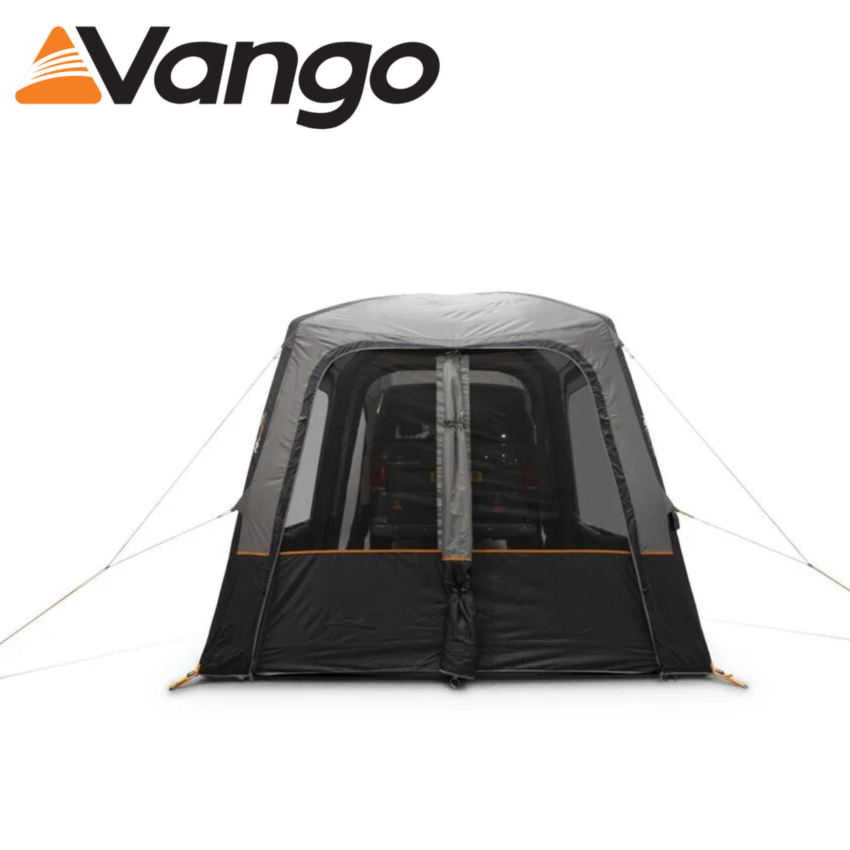 Vango TailGate AirHub II Low set up in a campsite with an open tailgate, showcasing its spacious interior and ventilation.