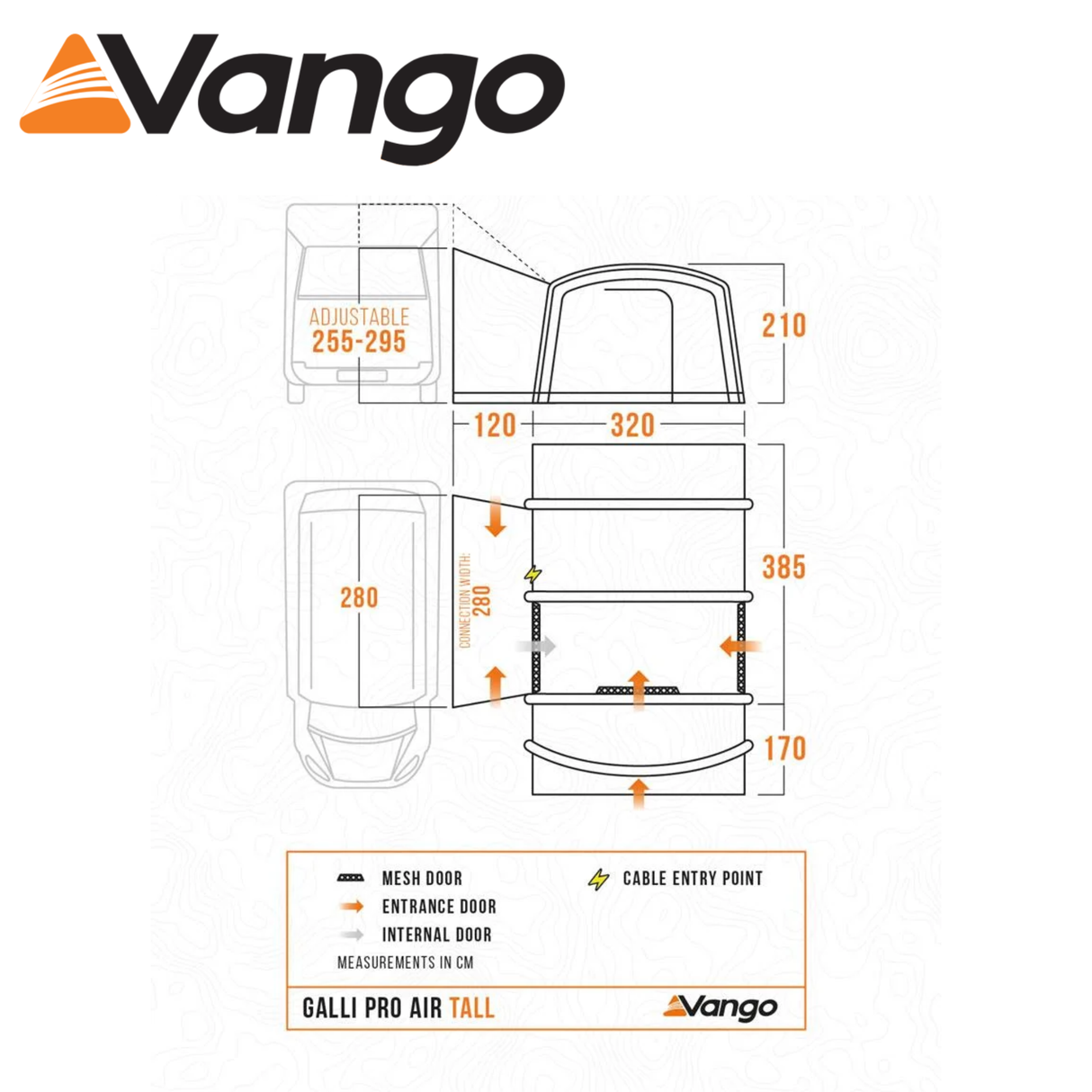 Vango Galli Air Pro Tall Driveaway Awning set up beside a campervan, showcasing its spacious design and durable material.