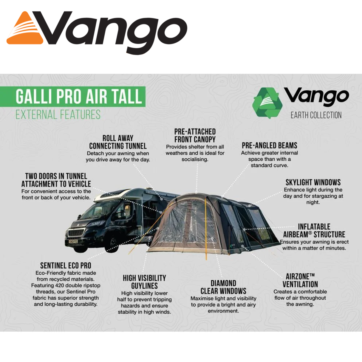 Vango Galli Air Pro Tall Driveaway Awning set up beside a campervan, showcasing its spacious interior and tall design.