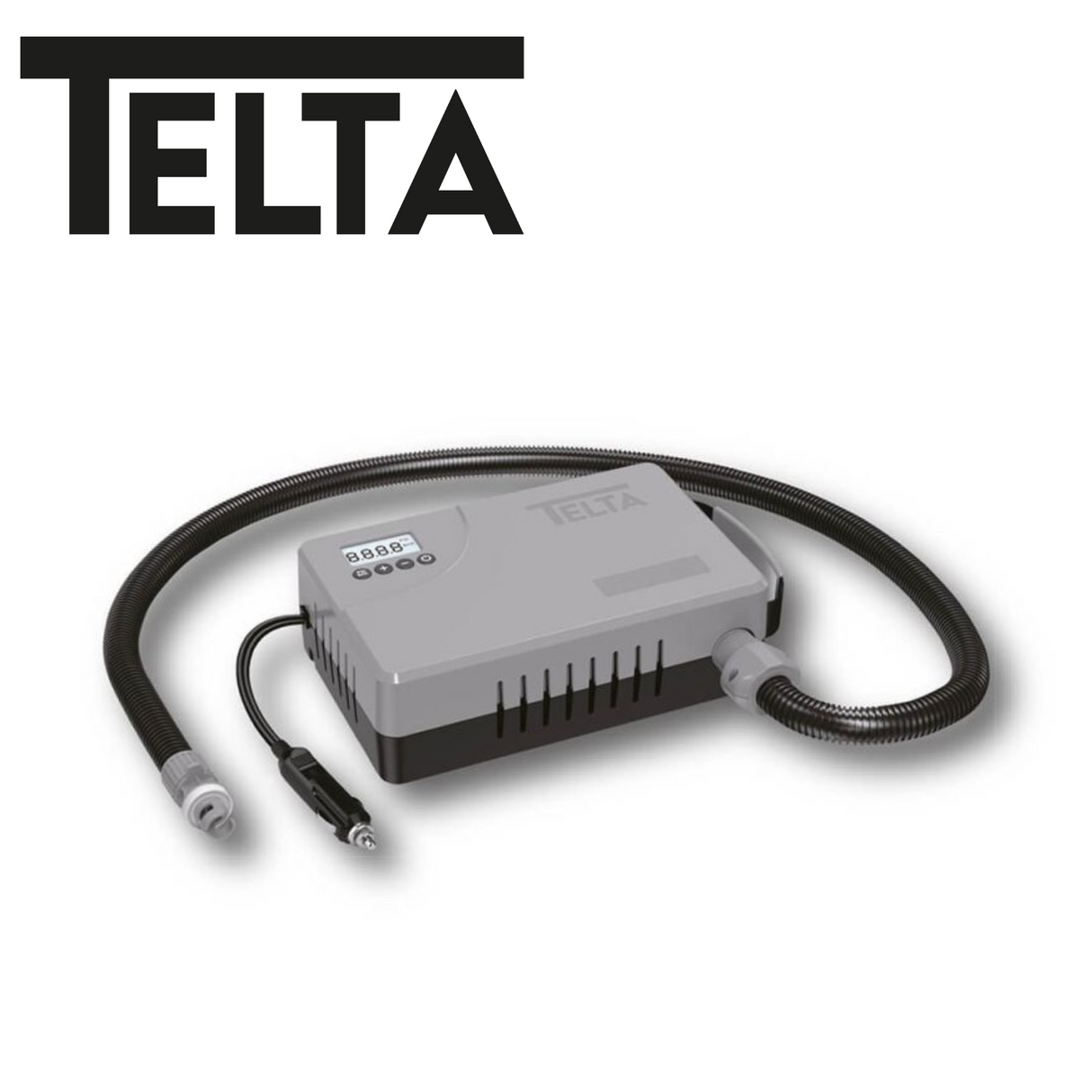 Telta 12V Electrical Air Pump with a compact design and nozzle for inflating various items efficiently.