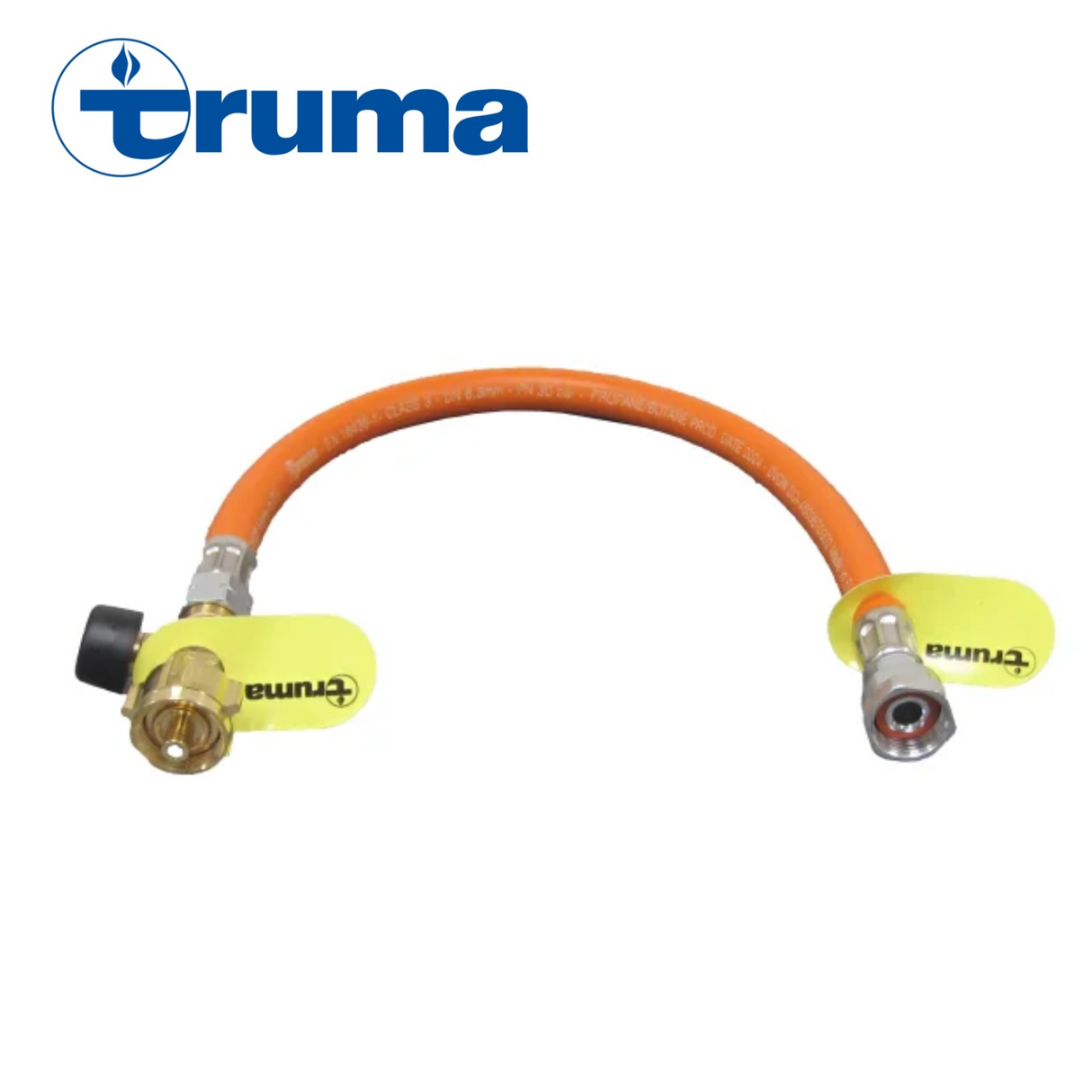Truma pigtail with safety valve, 450mm length, featuring durable connectors for secure gas connections.