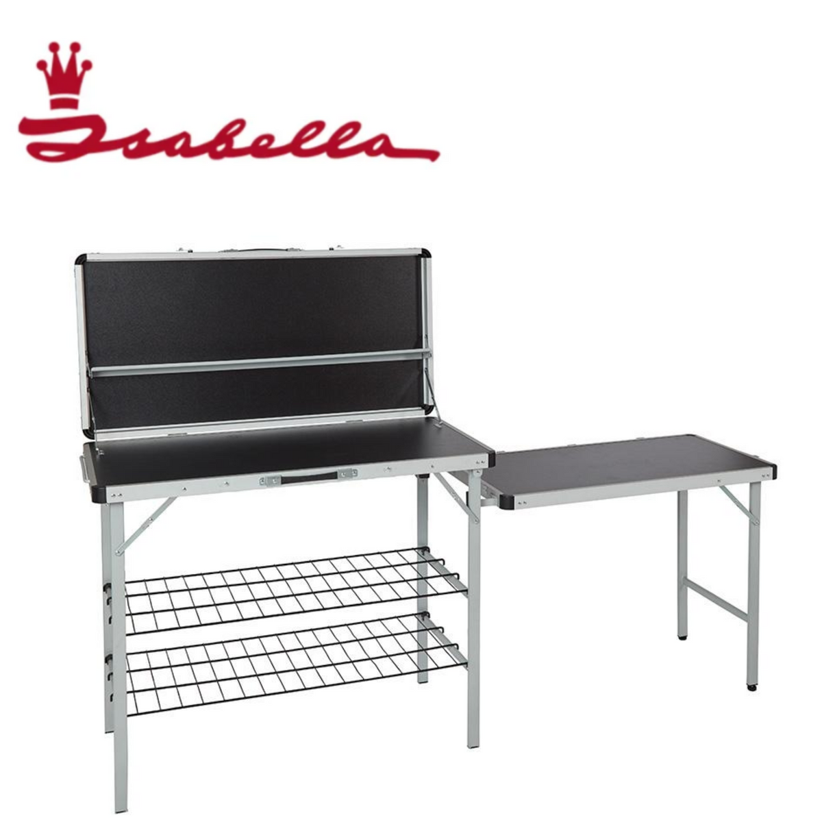 Isabella foldable kitchen unit with countertop, storage shelves, and compact design for versatile home use