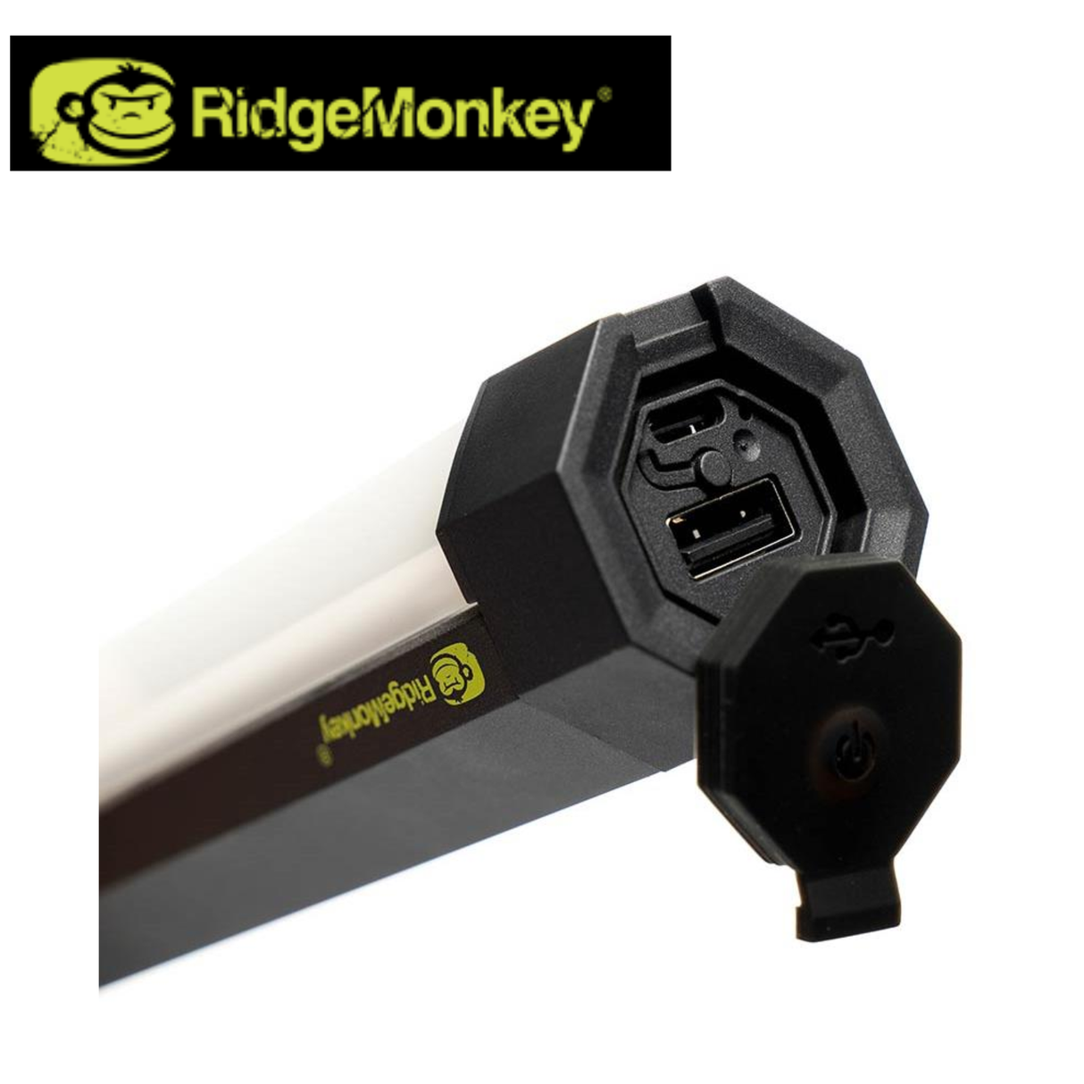 RidgeMonkey Vault Lite IR180 LED light with USB charging port, compact portable camping or outdoor illumination device.