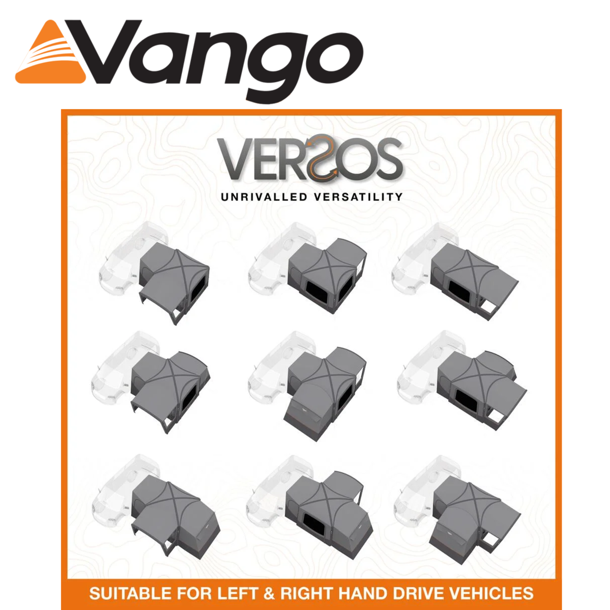 Vango Versos Air Mid Driveaway Awning set up beside a campervan, showcasing its spacious design and air beam structure.