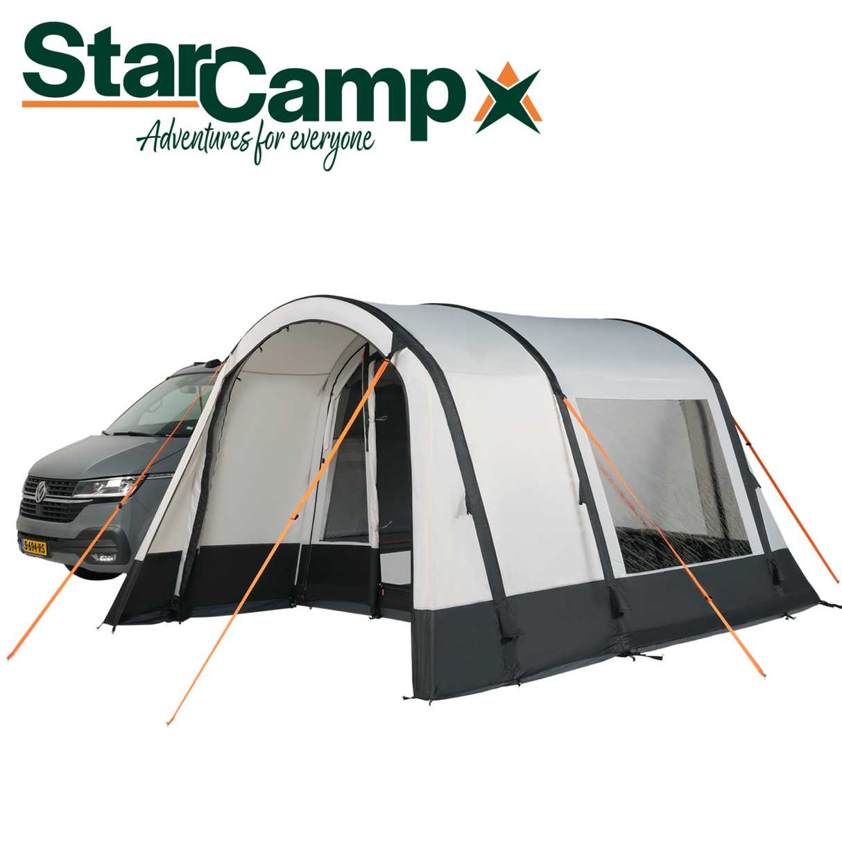 Dorema StarCamp Voyager Air Driveaway Awning set up beside a camper van on a sunny day.