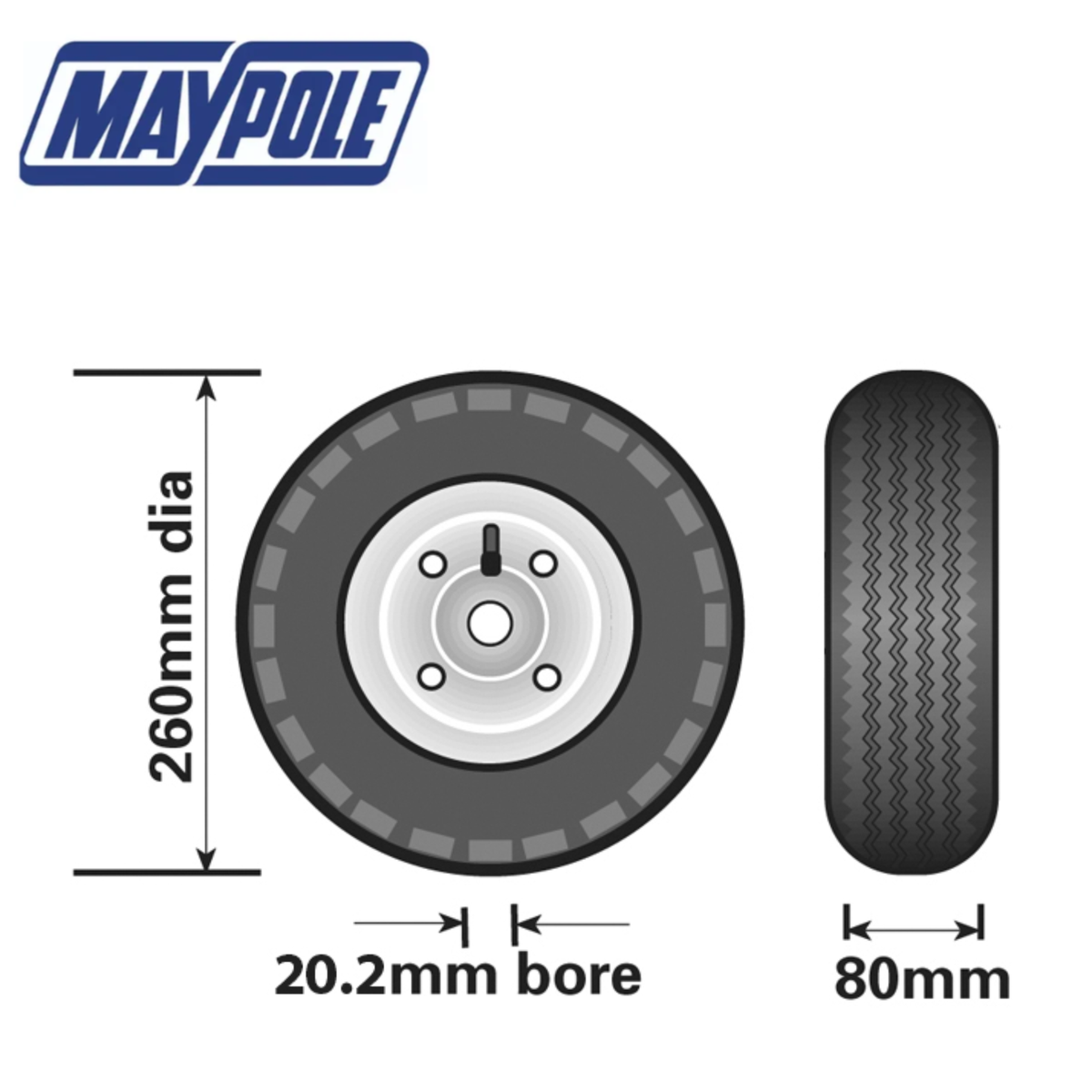 Maypole 260mm pneumatic rubber and steel wheel with tread and hub, suitable for industrial or agricultural equipment.