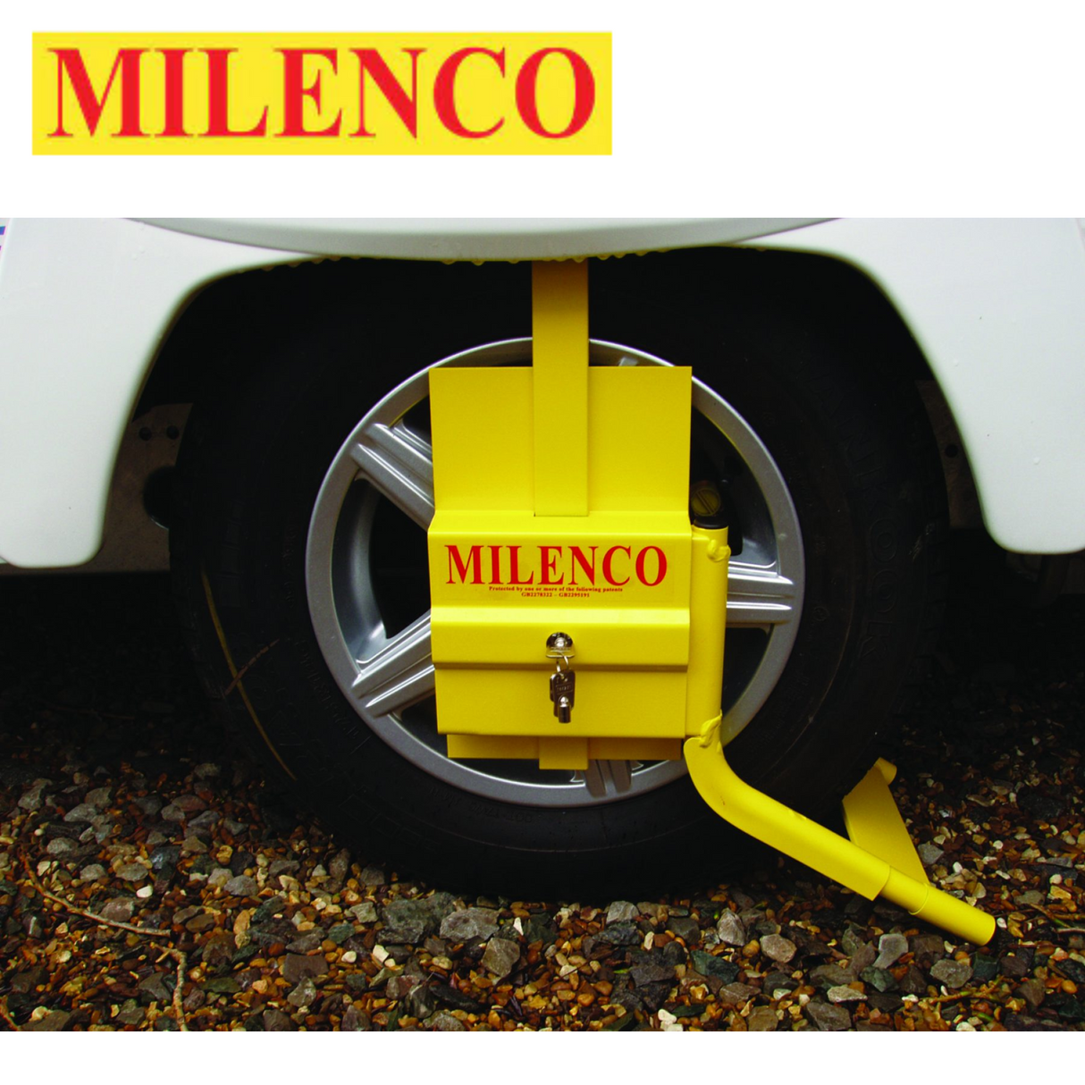 Milenco Original Wheelclamp in various sizes, securely holding a wheel with a bright yellow and red design.