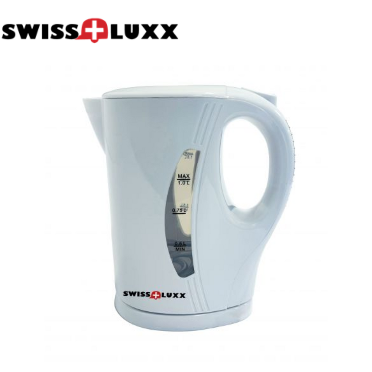 Swiss Luxx 1 Ltr cordless kettle in white, featuring a sleek design and ergonomic handle for easy pouring.