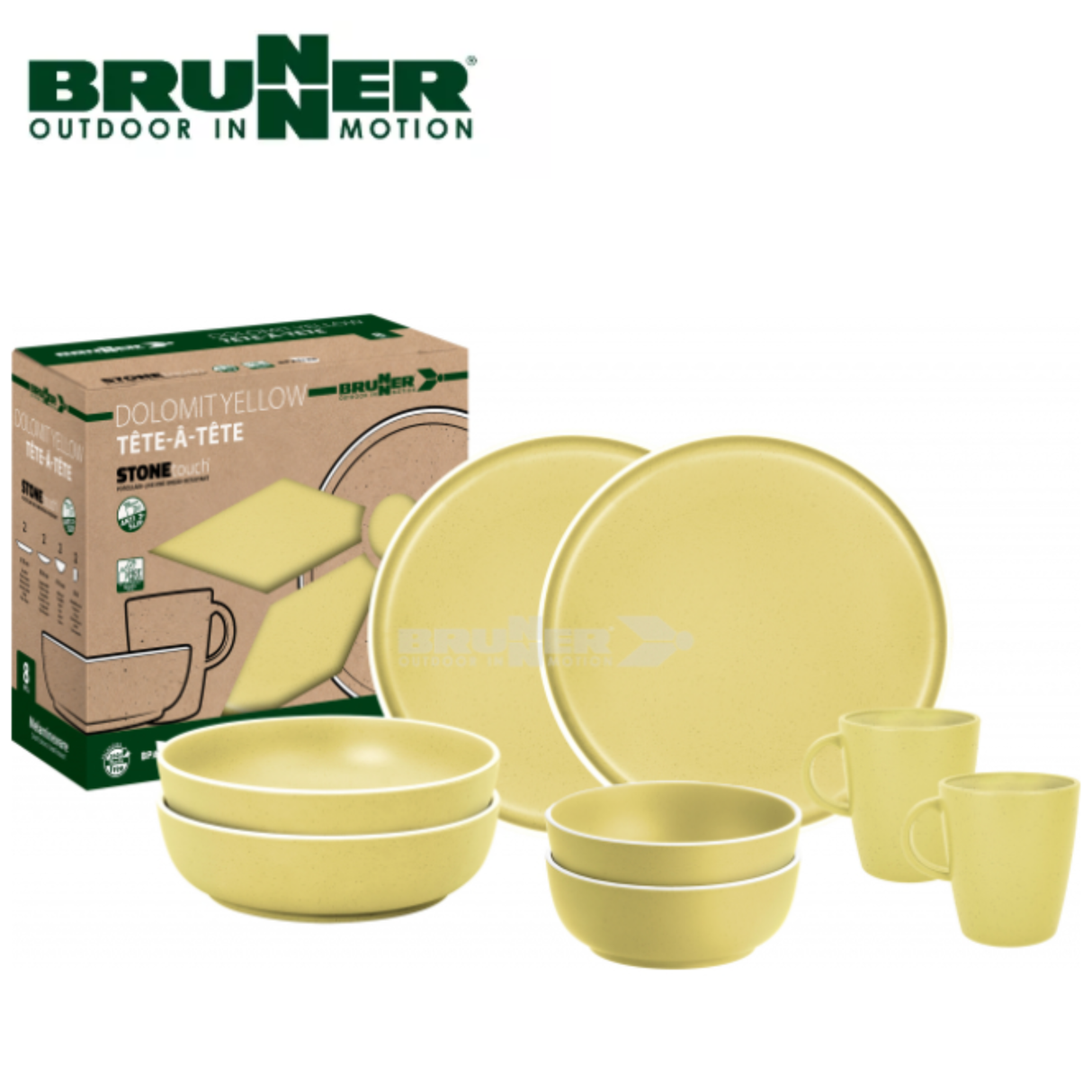 Set of eight yellow melamine plates from the Brunner Tete-a-tete Dolomit collection, featuring vibrant color and durable design.
