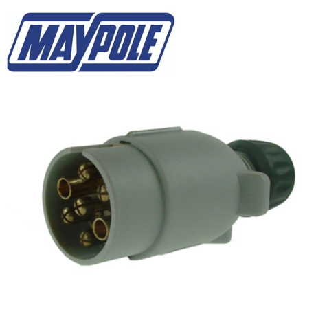 Maypole grey plastic 12V ‘S’ type 7 pin plug, MP029, with detailed connectors for trailer wiring and electrical connections.