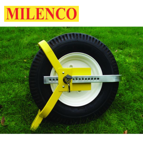 Milenco lightweight wheelclamp designed for 8" and 10" wheels, securely locking vehicle wheels in place.