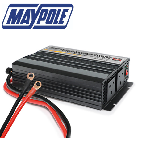 Maypole 1000W power inverter with USB port, compact electronic device for converting DC to AC power in vehicles or boats.