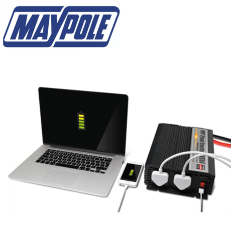 Maypole 1000W power inverter with USB port showing device connected and power indicator lights.