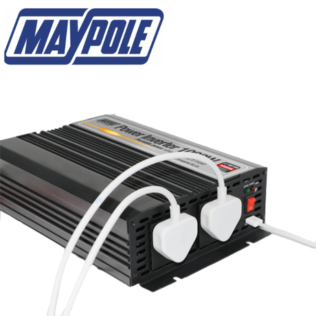 Maypole 1000W power inverter with USB port, compact device for converting DC to AC power with convenient USB charging.