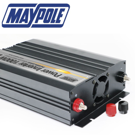 Maypole 1000W power inverter with USB port for vehicle use, showing the compact inverter device with power and USB outlets.