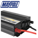 Maypole 1000W power inverter with USB port, compact device for converting vehicle DC to AC power, shown with connection cables.