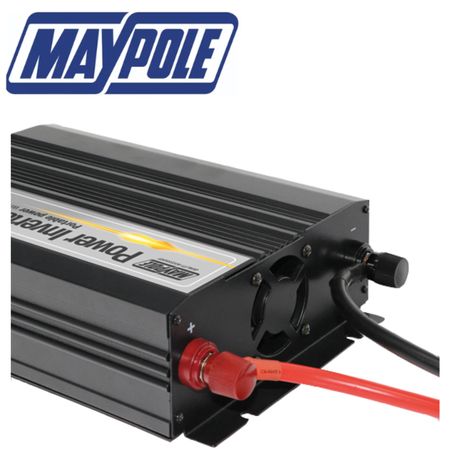 Maypole 1000W power inverter with USB port, compact device for converting vehicle DC to AC power, shown with connection cables.
