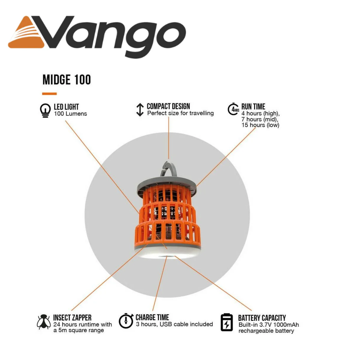 Vango Midge 100 Light and Fly Zapper showing the portable device with light and fly zapper features for insect control.