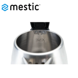 Mestic 1000W stainless steel kettle with a 1.5L capacity, featuring a sleek metal body and a comfortable handle.