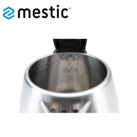 Mestic 1000W stainless steel kettle with a 1.5L capacity, featuring a sleek metal body and a comfortable handle.