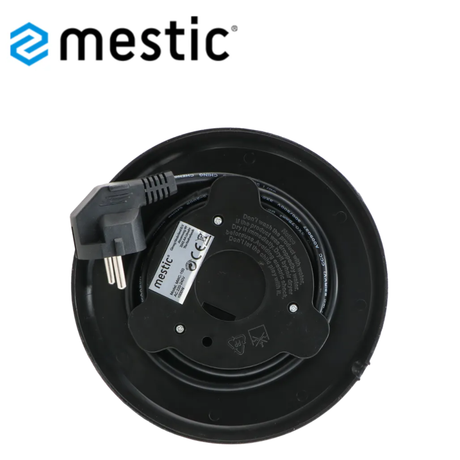 Mestic 1000W stainless steel kettle with a 1.5L capacity, featuring a sleek design and ergonomic handle for easy pouring.